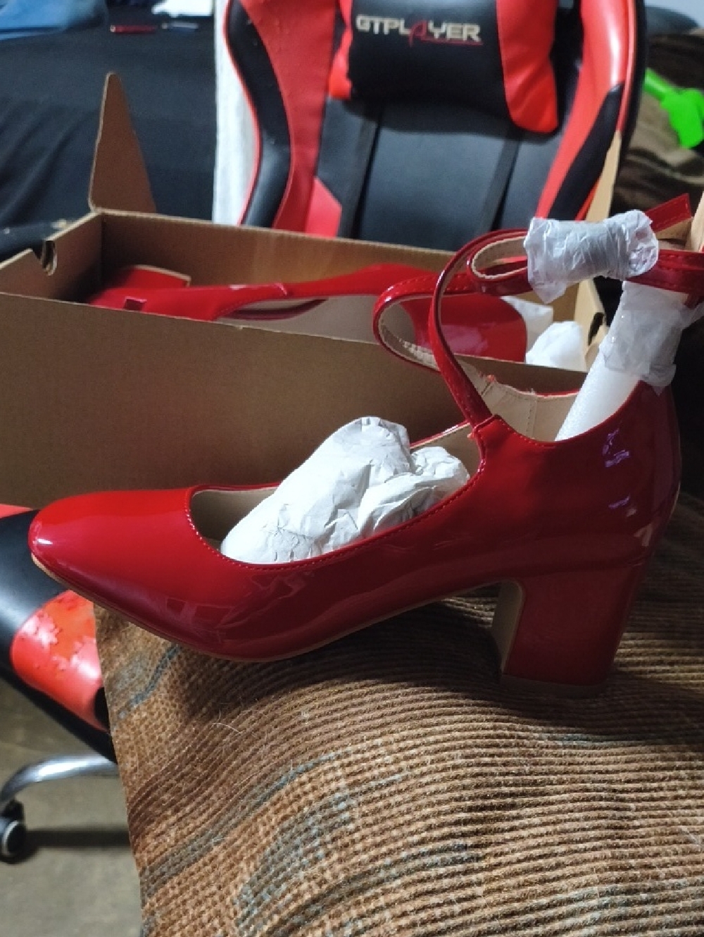 Red Patent Block Heel Mary Jane with Ankle Strap